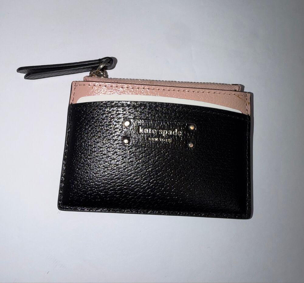 Kate Spade New York Jeanne Small Zip Card Holder Black Pink Leather Wallet NWT